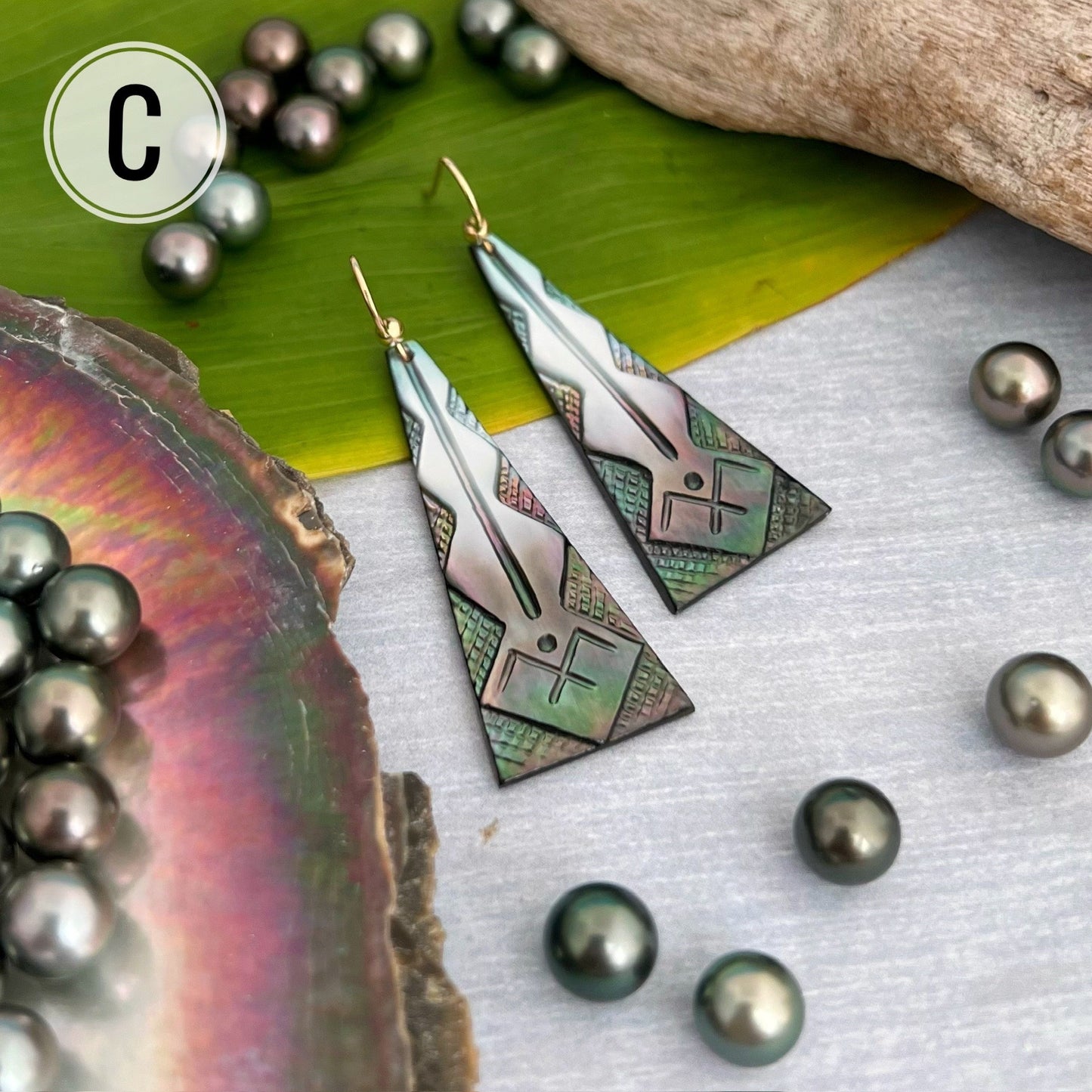 Hand Carved ‘Iwa Mother Of Pearl Earrings