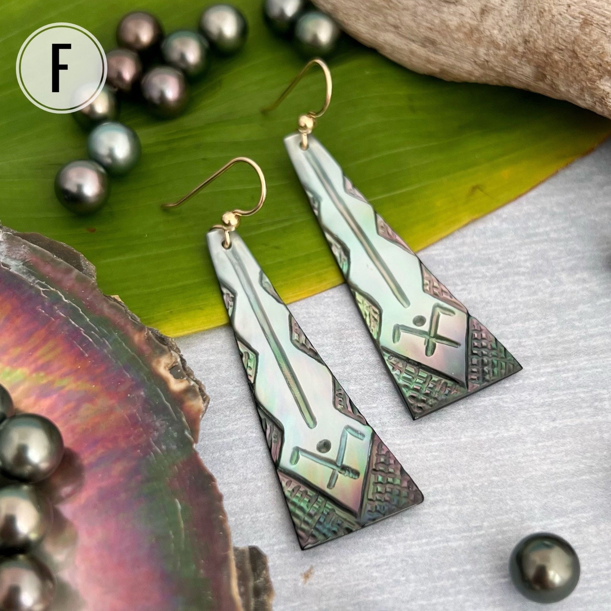 Hand Carved ‘Iwa Mother Of Pearl Earrings