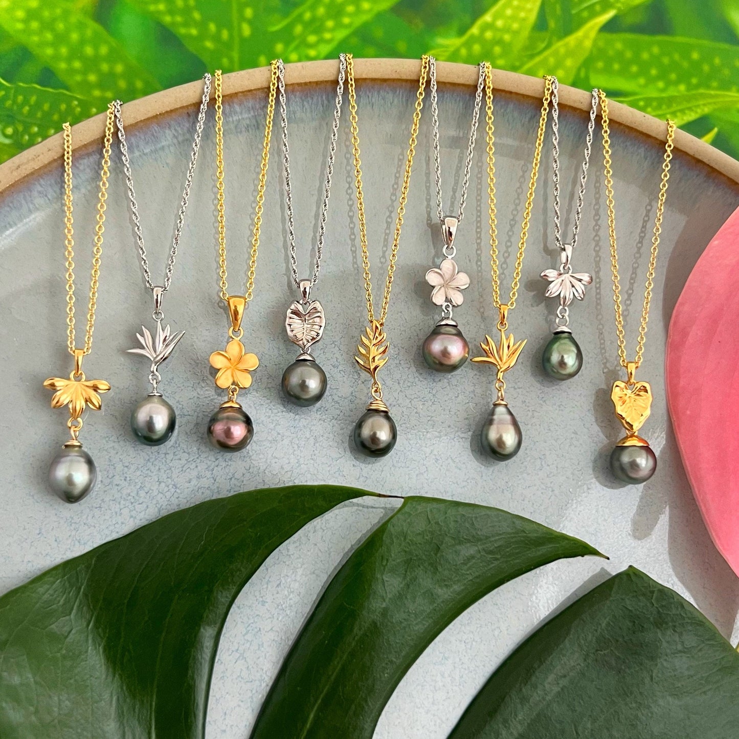 DOORBUSTER Tahitian Pearl pendants • Tropical Flower & Leaf • Hawaiian design 18k Gold Plated necklace