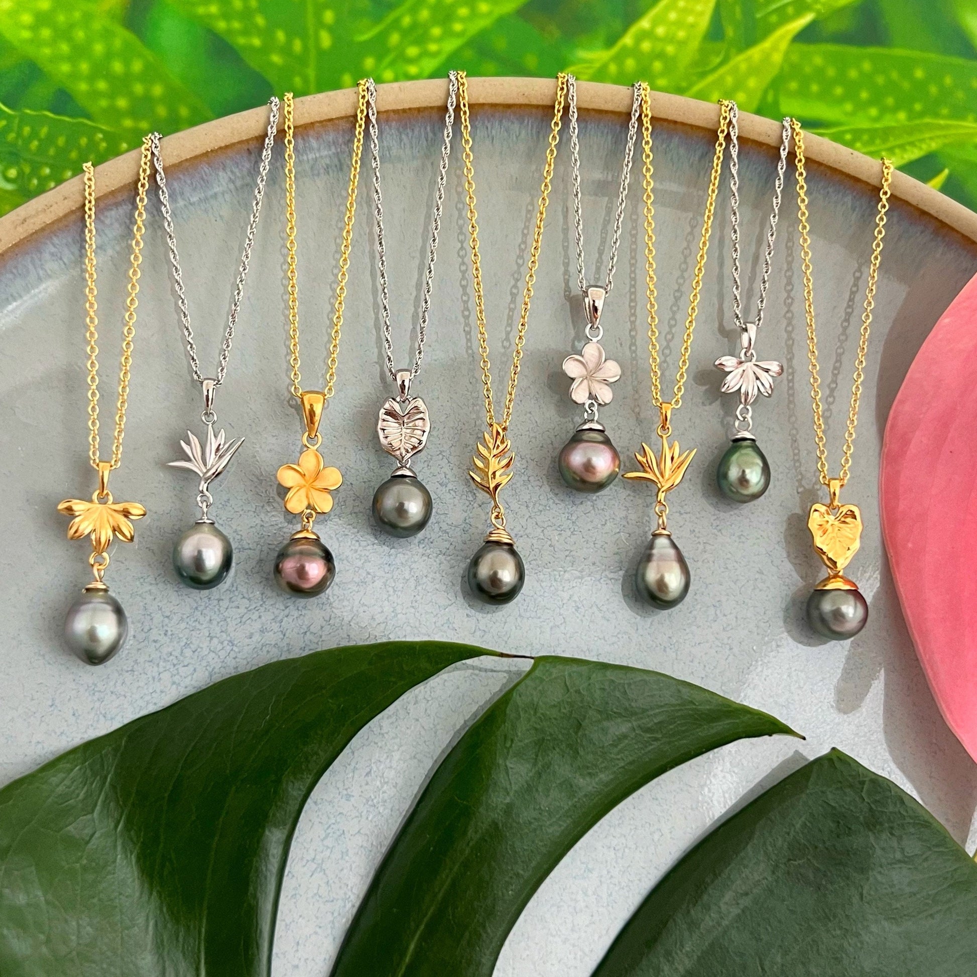 DOORBUSTER Tahitian Pearl pendants • Tropical Flower & Leaf • Hawaiian design 18k Gold Plated necklace