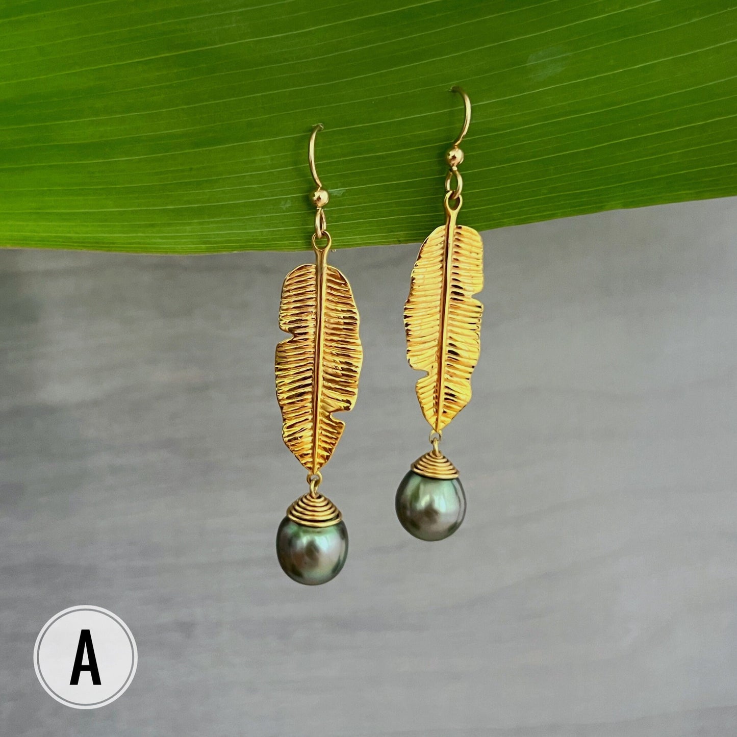 Banana Leaf Dangle Earrings: Tahitian Pearl, Heavy Gold Plated
