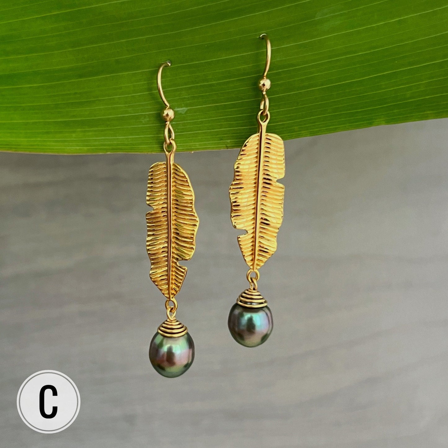 Banana Leaf Dangle Earrings: Tahitian Pearl, Heavy Gold Plated
