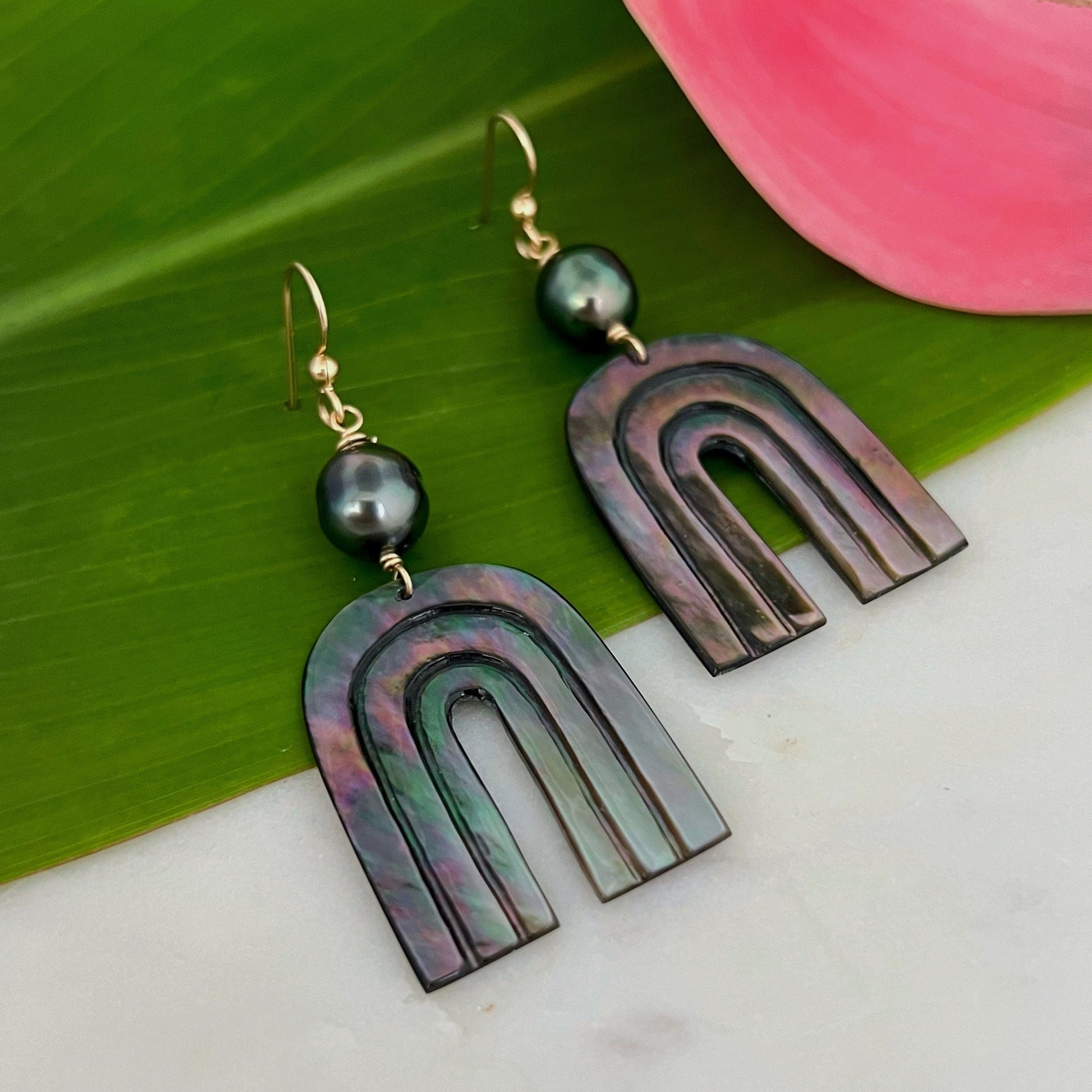 Rainbow Mother of Pearl and Tahitian Pearl Dangle Earrings
