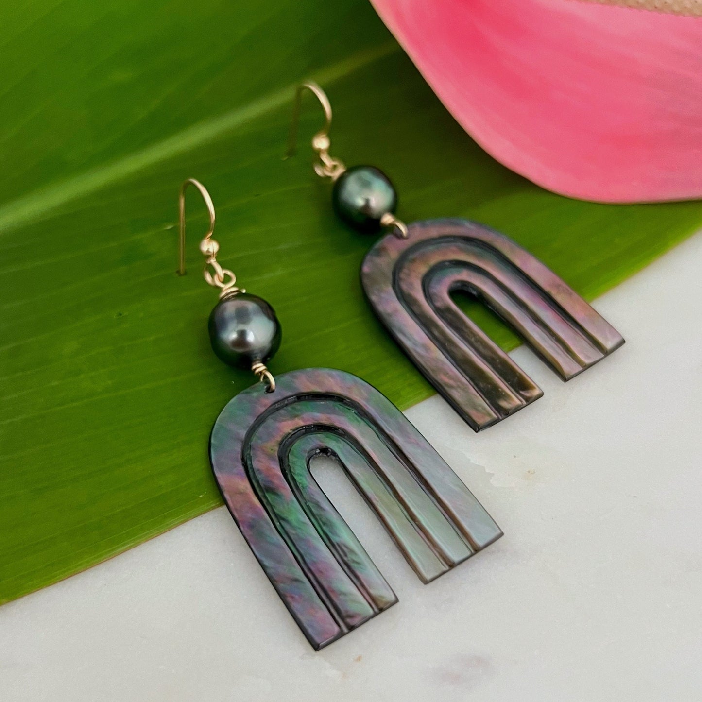 Rainbow Mother of Pearl and Tahitian Pearl Dangle Earrings
