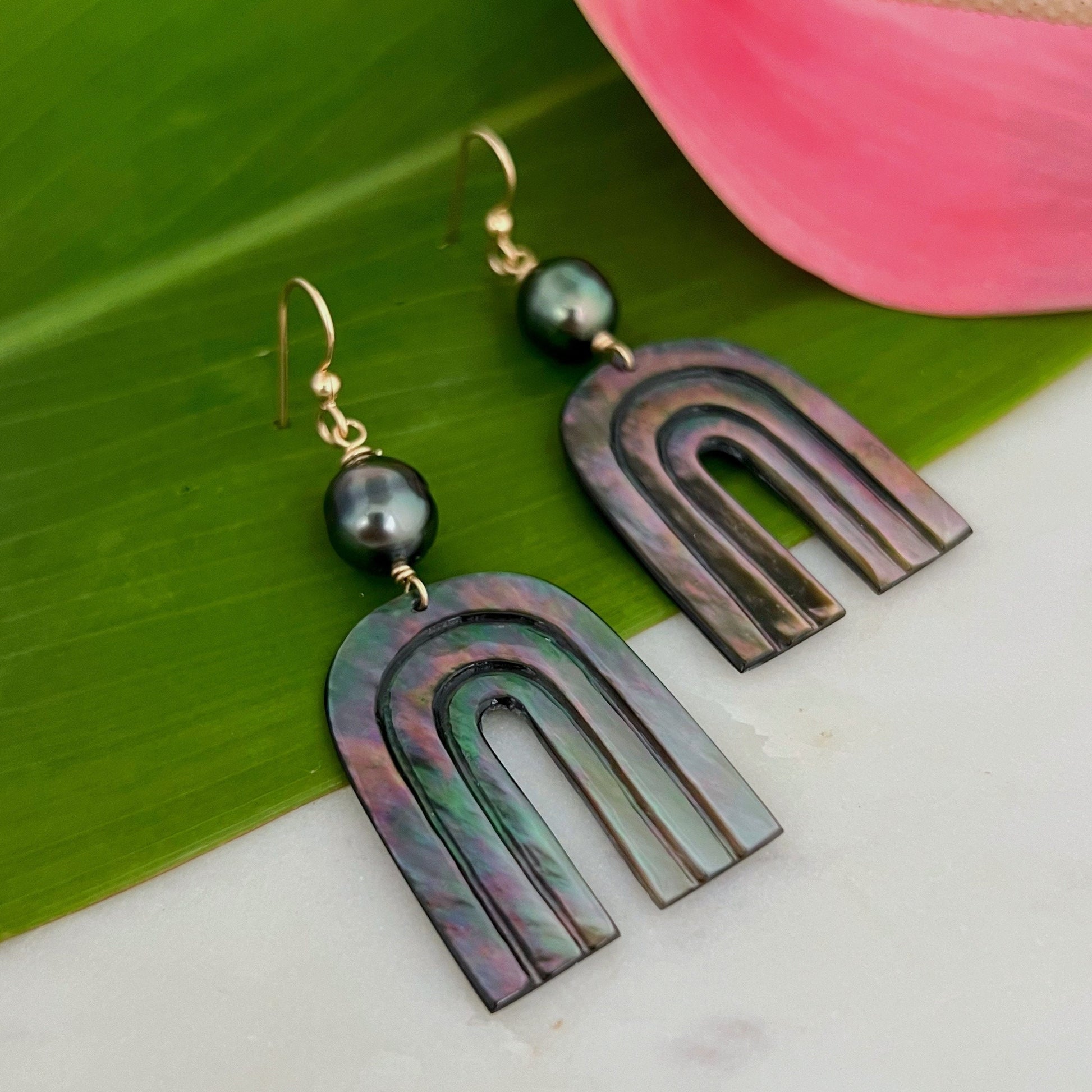 Rainbow Mother of Pearl and Tahitian Pearl Dangle Earrings