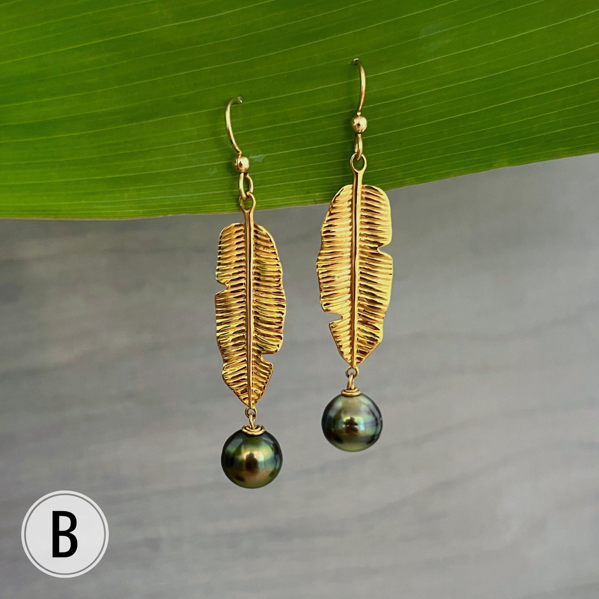 Banana Leaf Dangle Earrings: Tahitian Pearl, Heavy Gold Plated