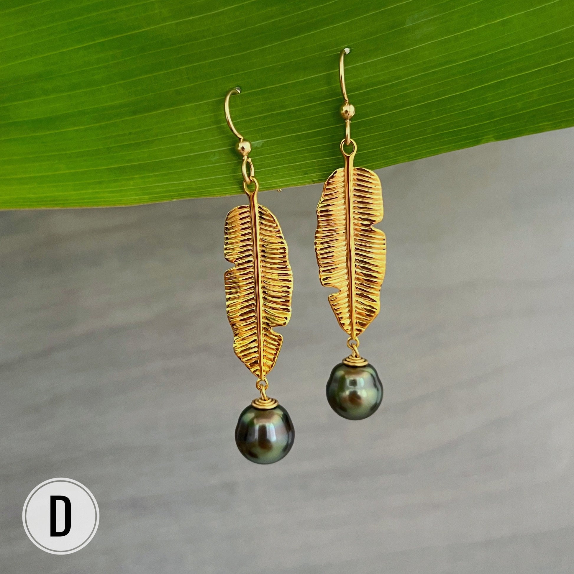 Banana Leaf Dangle Earrings: Tahitian Pearl, Heavy Gold Plated