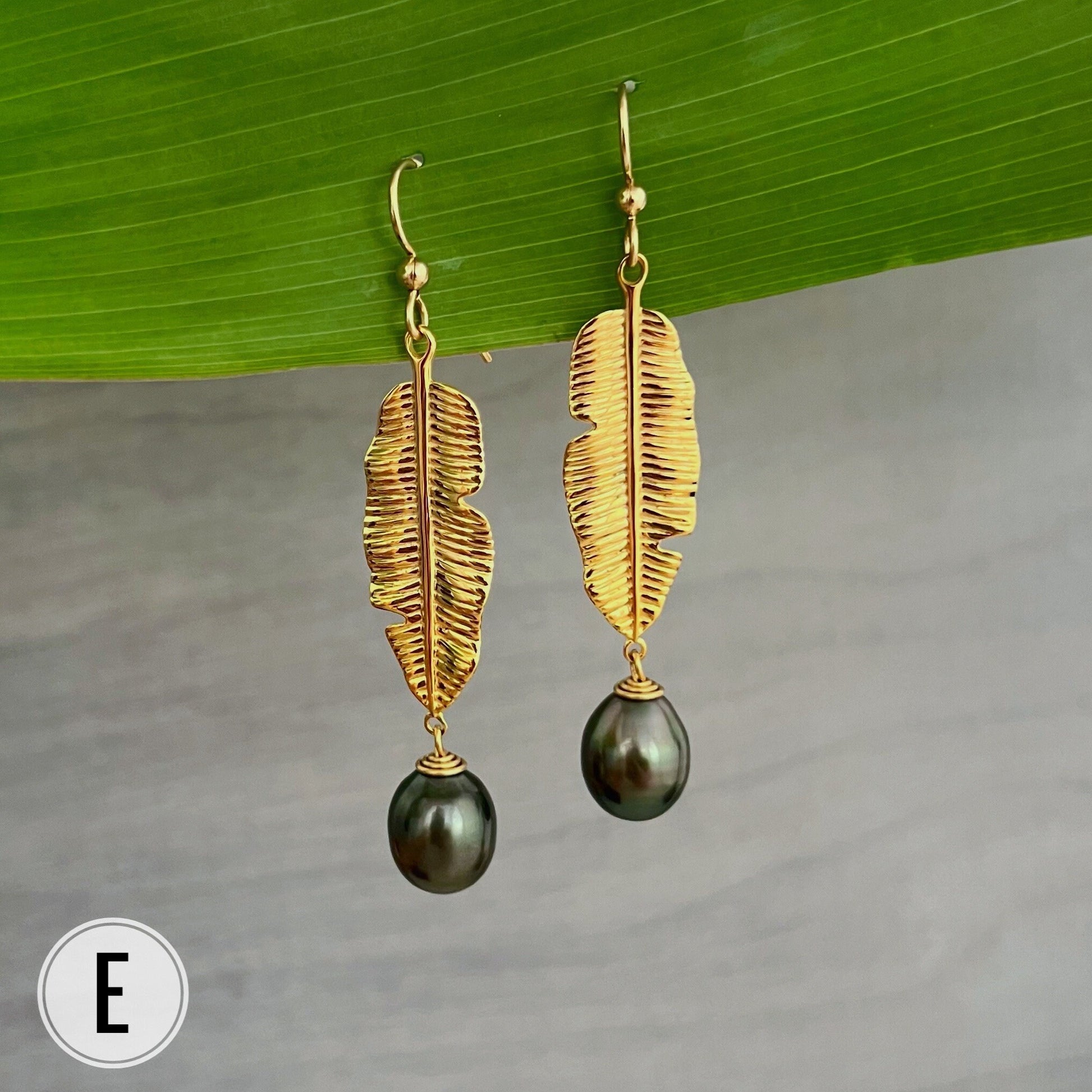 Banana Leaf Dangle Earrings: Tahitian Pearl, Heavy Gold Plated