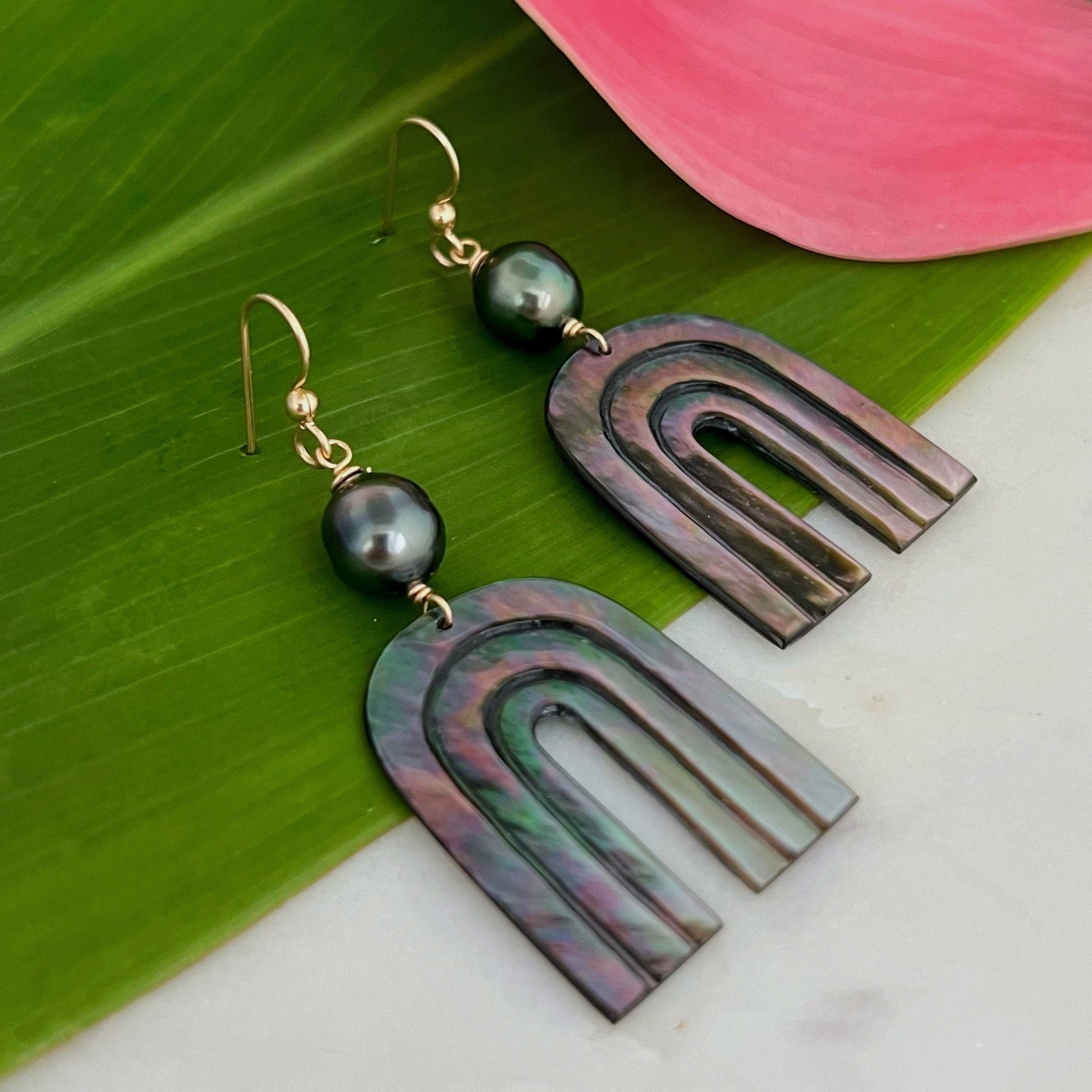 Rainbow Mother of Pearl and Tahitian Pearl Dangle Earrings