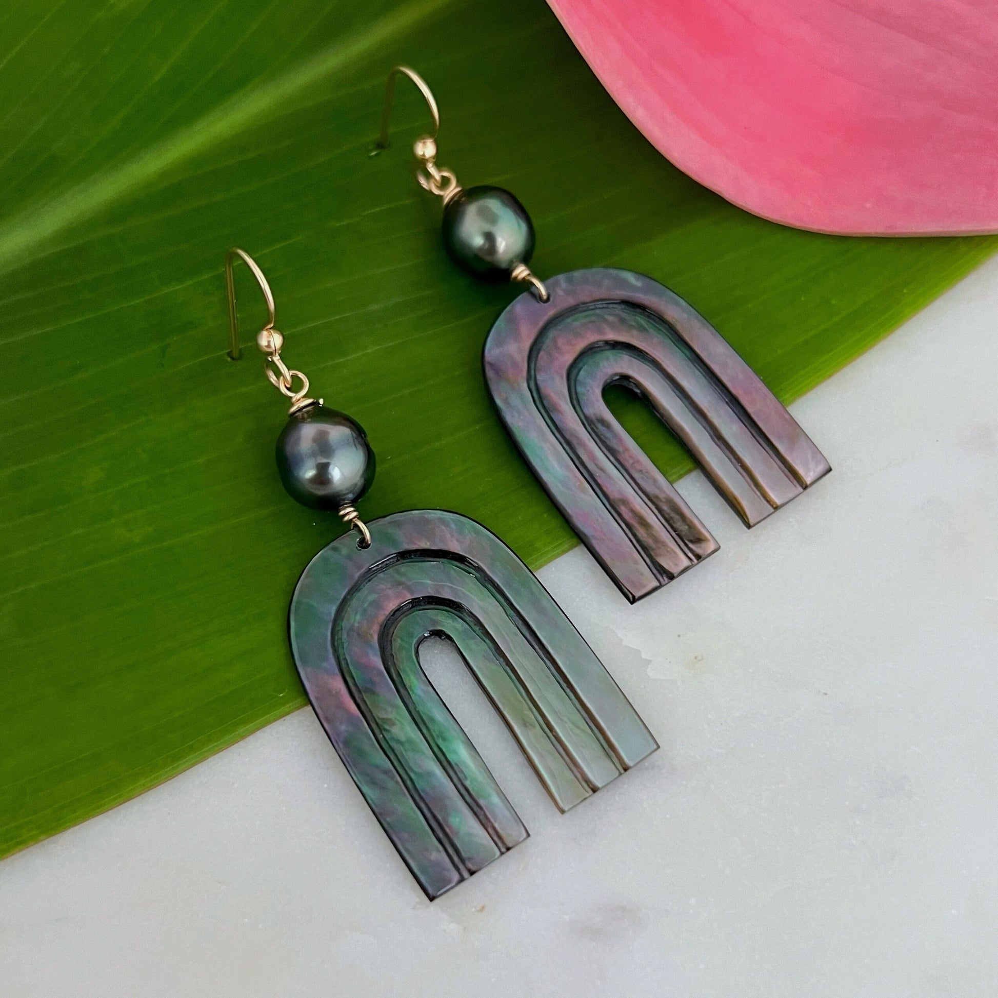 Rainbow Mother of Pearl and Tahitian Pearl Dangle Earrings