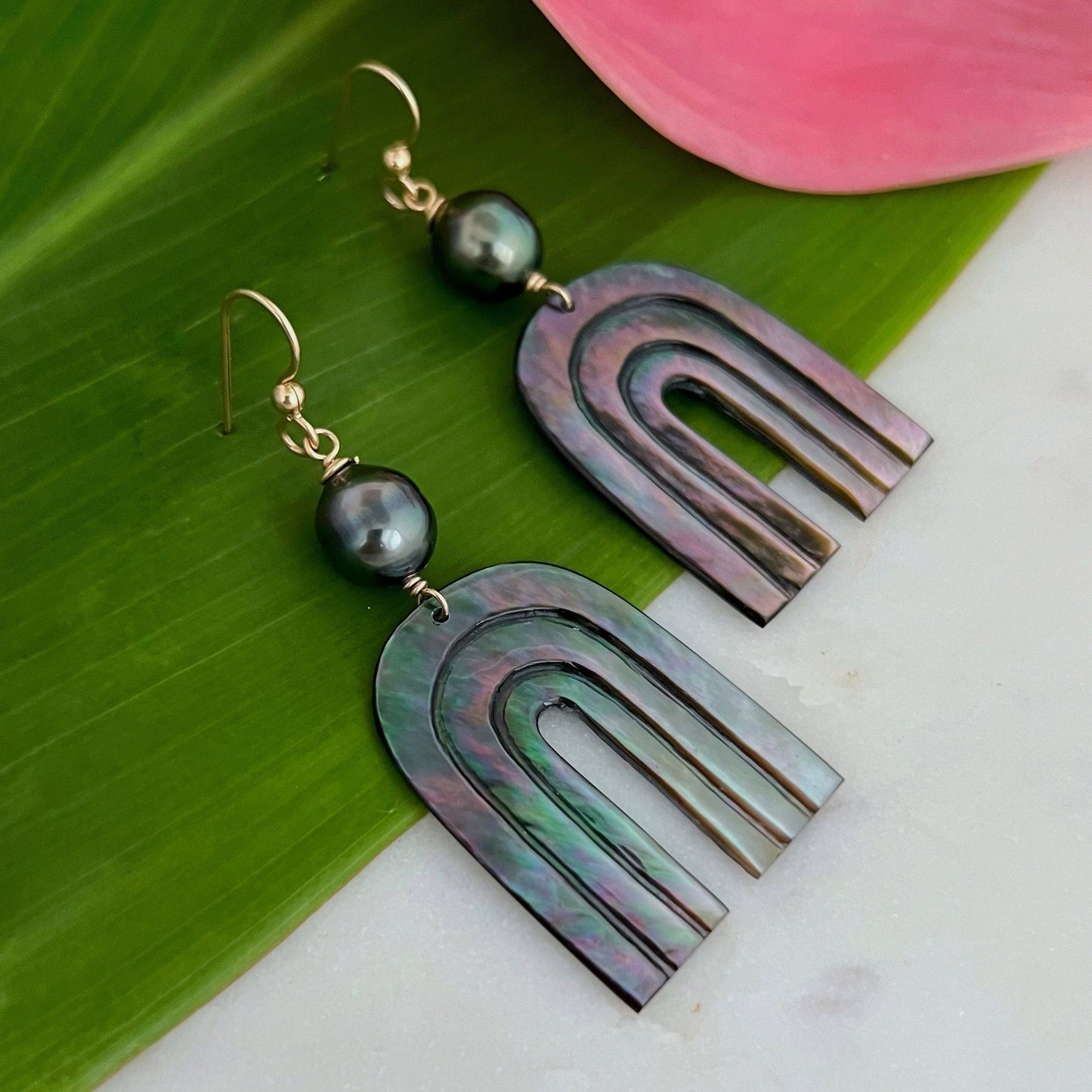 Rainbow Mother of Pearl and Tahitian Pearl Dangle Earrings