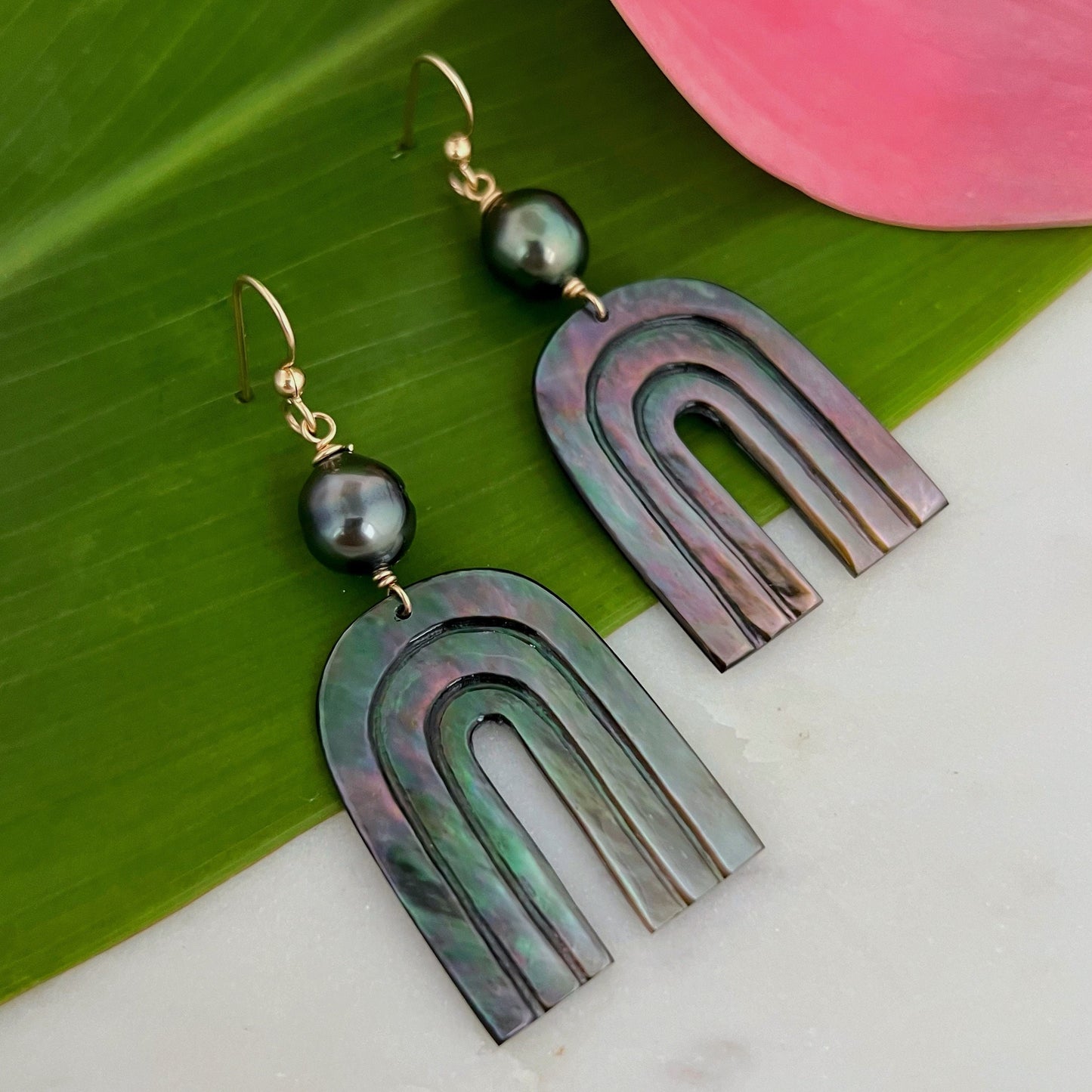Rainbow Mother of Pearl and Tahitian Pearl Dangle Earrings