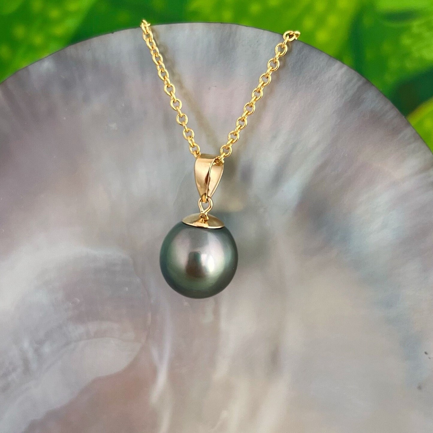 Green Tahitian Pearl Pendant: 18k Solid Gold Necklace