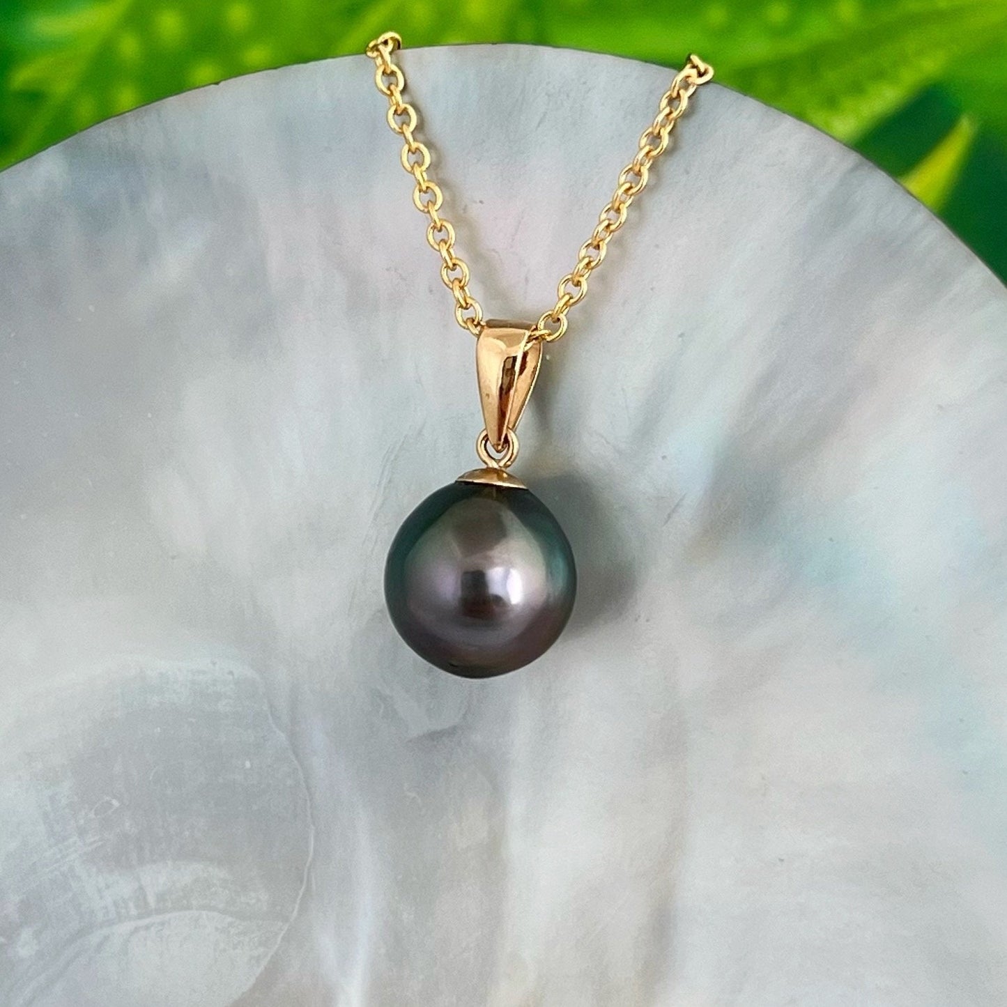 Peacock Tahitian Pearl Pendant: Solid Gold • Minimalist Necklace, Colorful Overtone
