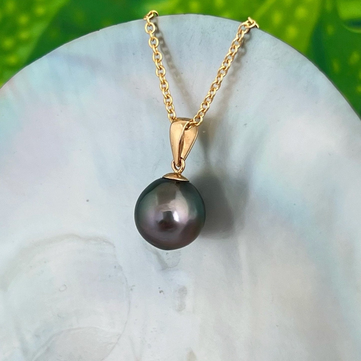 Peacock Tahitian Pearl Pendant: Solid Gold • Minimalist Necklace, Colorful Overtone