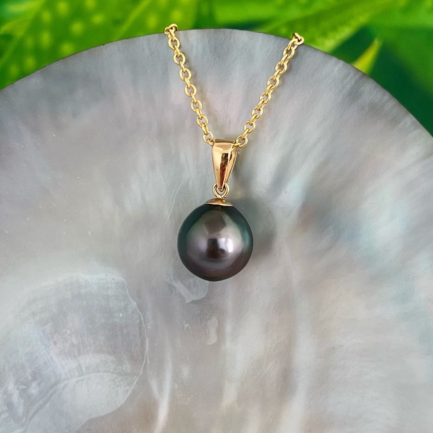 Peacock Tahitian Pearl Pendant: Solid Gold • Minimalist Necklace, Colorful Overtone