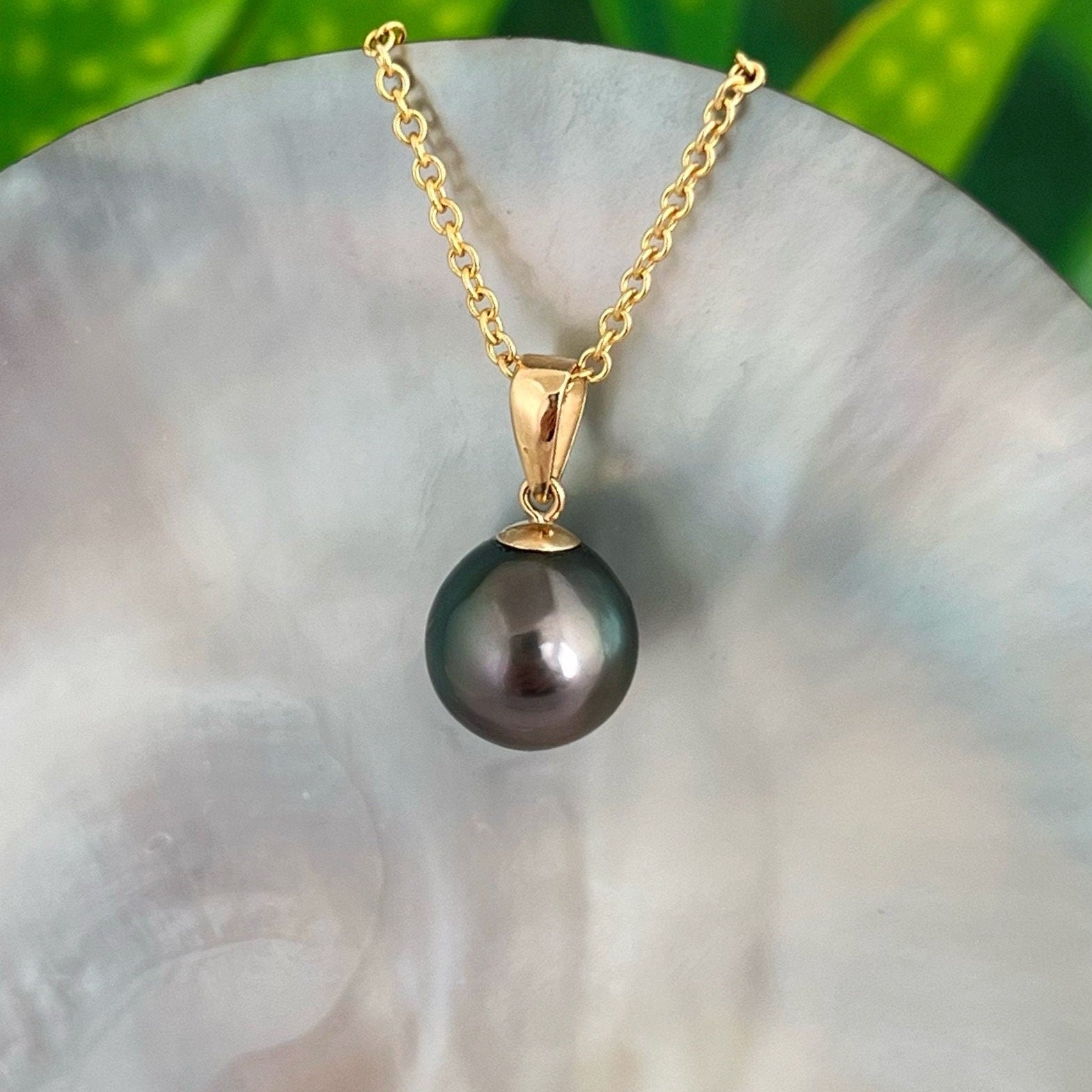 Peacock Tahitian Pearl Pendant: Solid Gold • Minimalist Necklace, Colorful Overtone