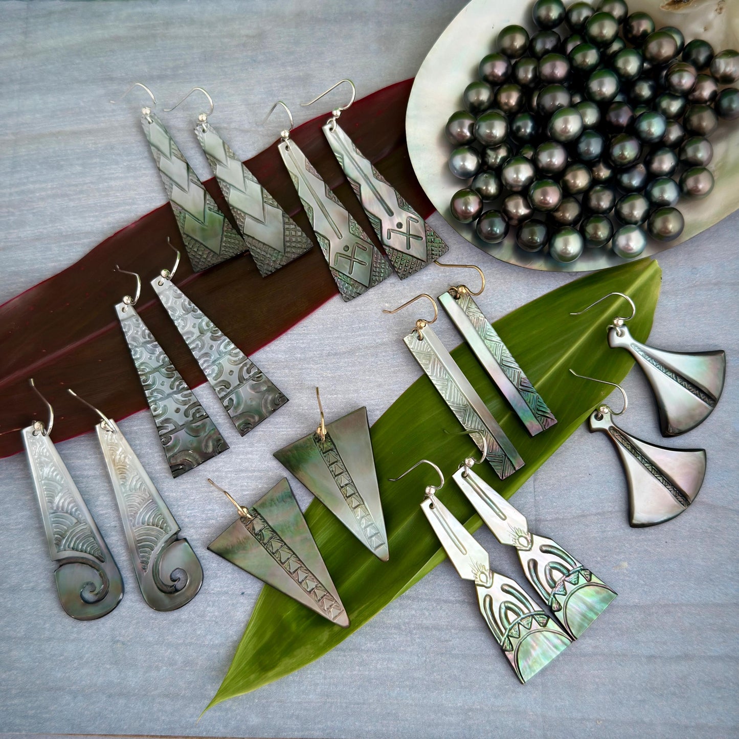 Mother of pearl earrings • hand carved earrings • shell earrings • made in Hawaii • engraved earrings • handmade jewelry • handmade earrings • handcrafted • hawaiian jewelry • shell Jewelry • polynesian Jewelry • natural • refycled jewelry • unique