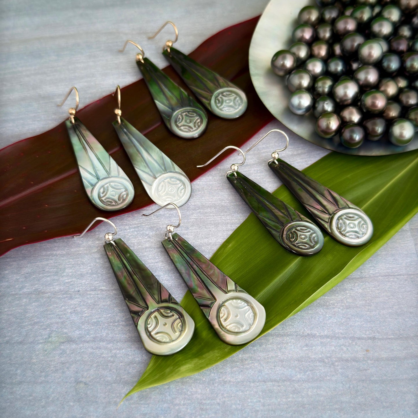 Hand Carved Mother of Pearl Earrings: Polynesian Sun, Gold Filled or Sterling Silver