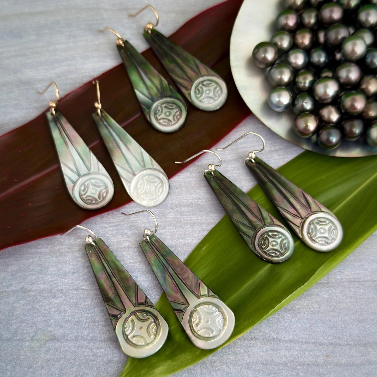 Hand Carved Mother of Pearl Earrings: Polynesian Sun, Gold Filled or Sterling Silver