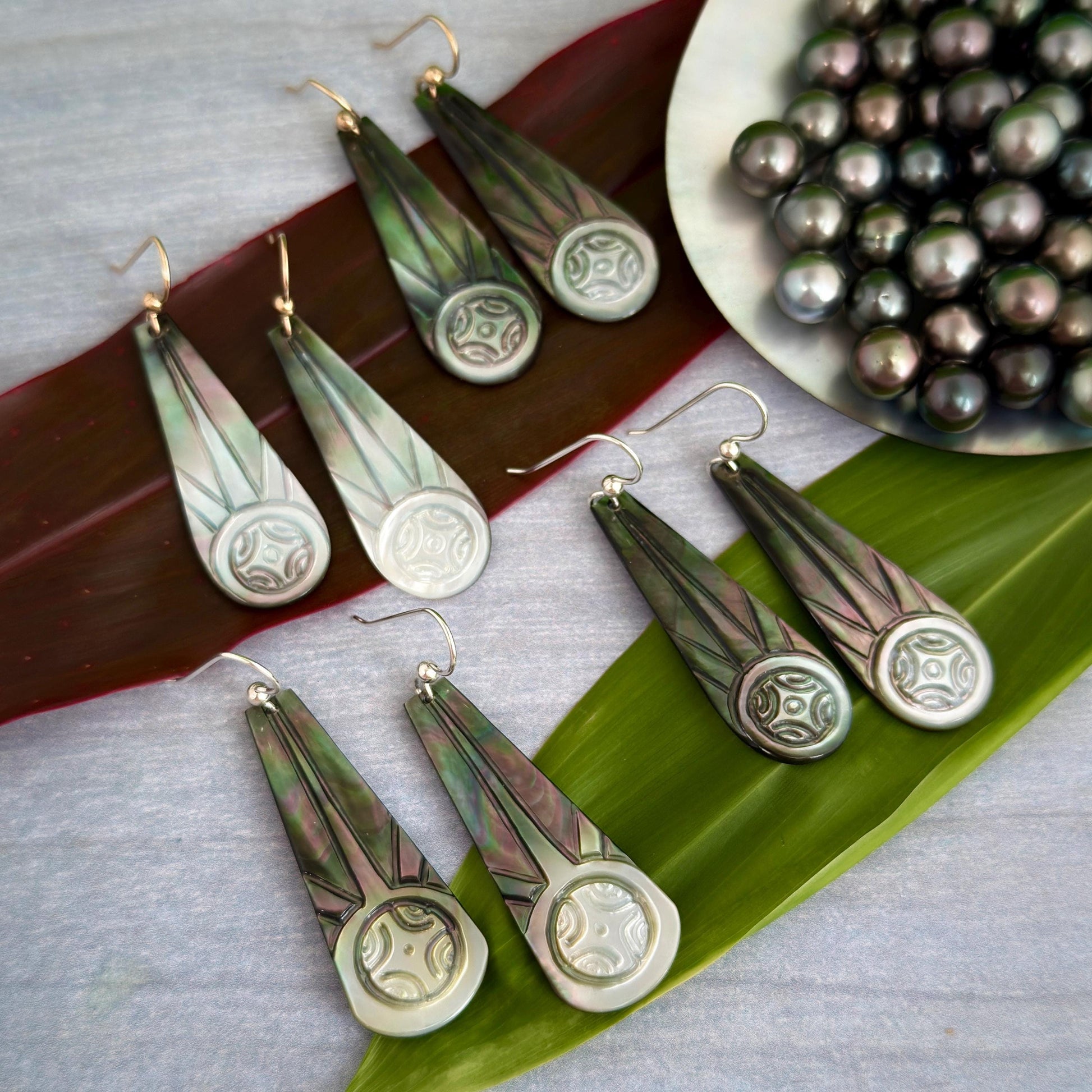 Hand Carved Mother of Pearl Earrings: Polynesian Sun, Gold Filled or Sterling Silver