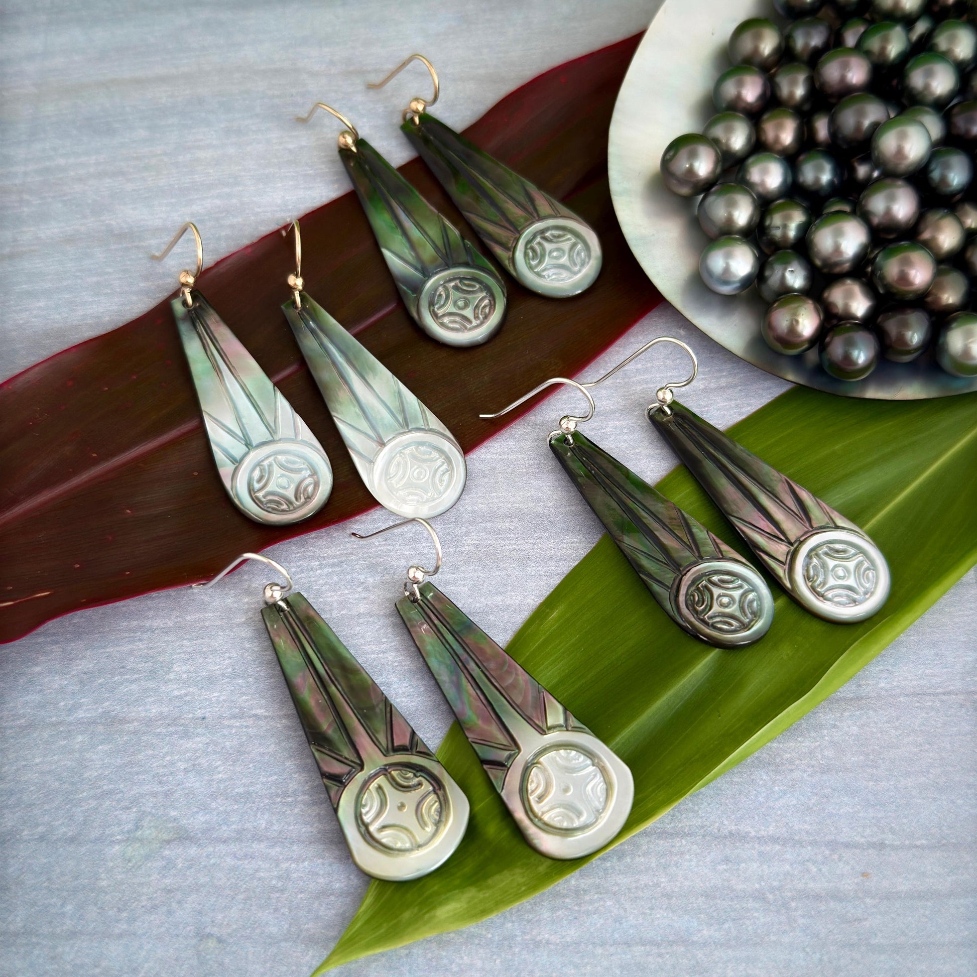 Hand Carved Mother of Pearl Earrings: Polynesian Sun, Gold Filled or Sterling Silver