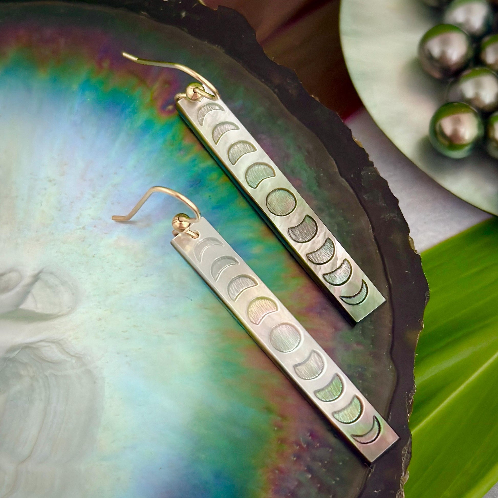 Moon Phase earrings mother of pearl shell • gold filled or Sterling silver • hand carved
