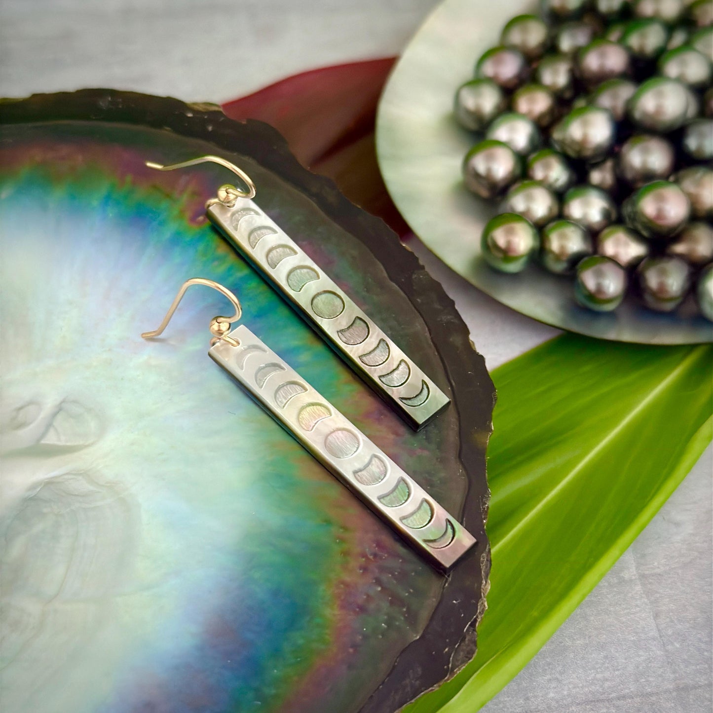 Moon Phase earrings mother of pearl shell • gold filled or Sterling silver • hand carved
