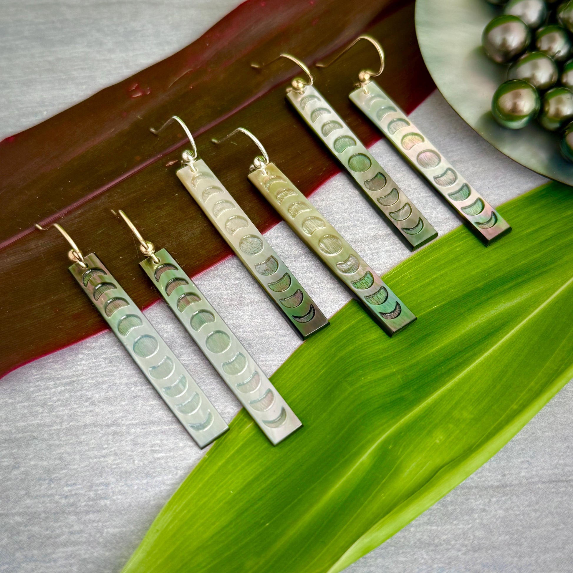 Moon Phase earrings mother of pearl shell • gold filled or Sterling silver • hand carved