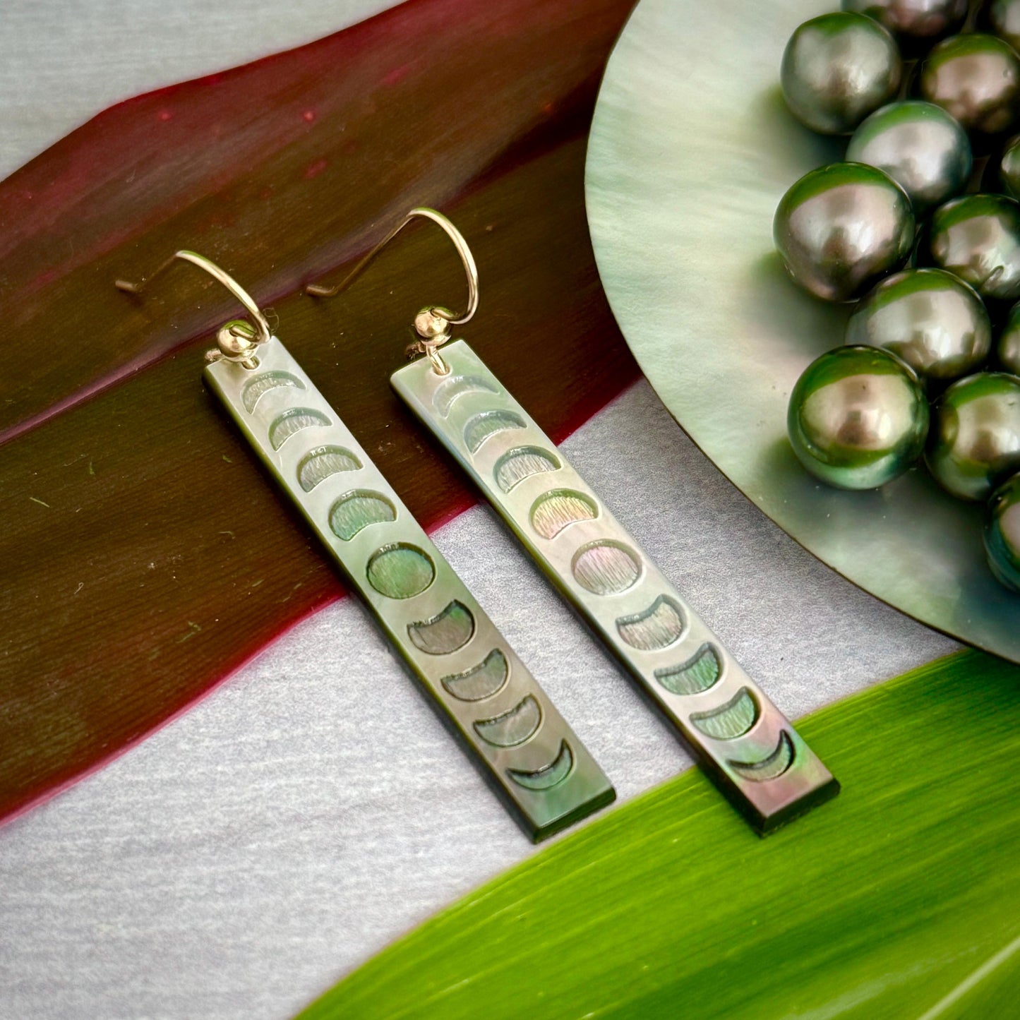Moon Phase earrings Gold filled or Sterling silver Hand carved mother of pearl seashell jewelry Made in Hawaii Handmade earrings unique