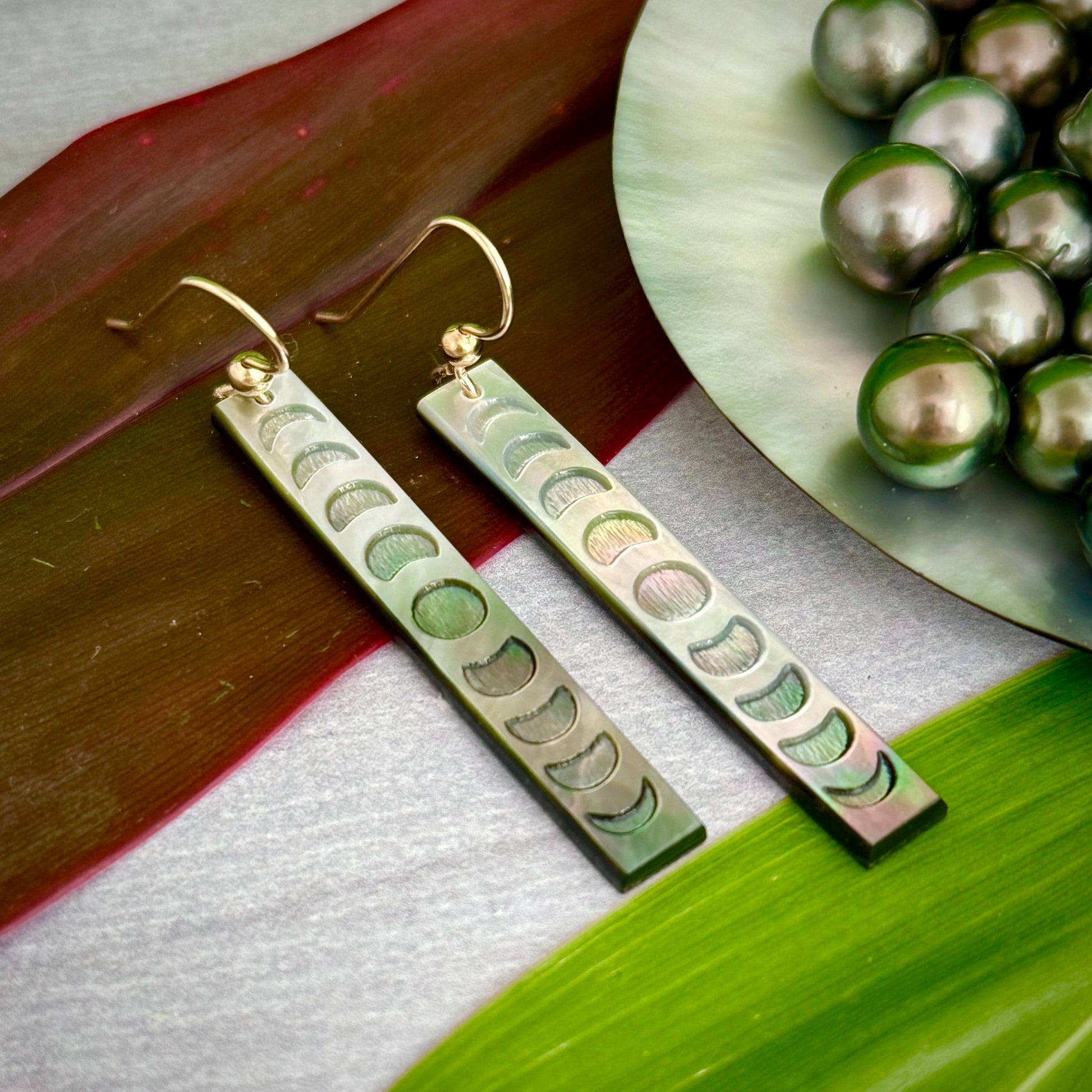 Moon Phase earrings mother of pearl shell • gold filled or Sterling silver • hand carved