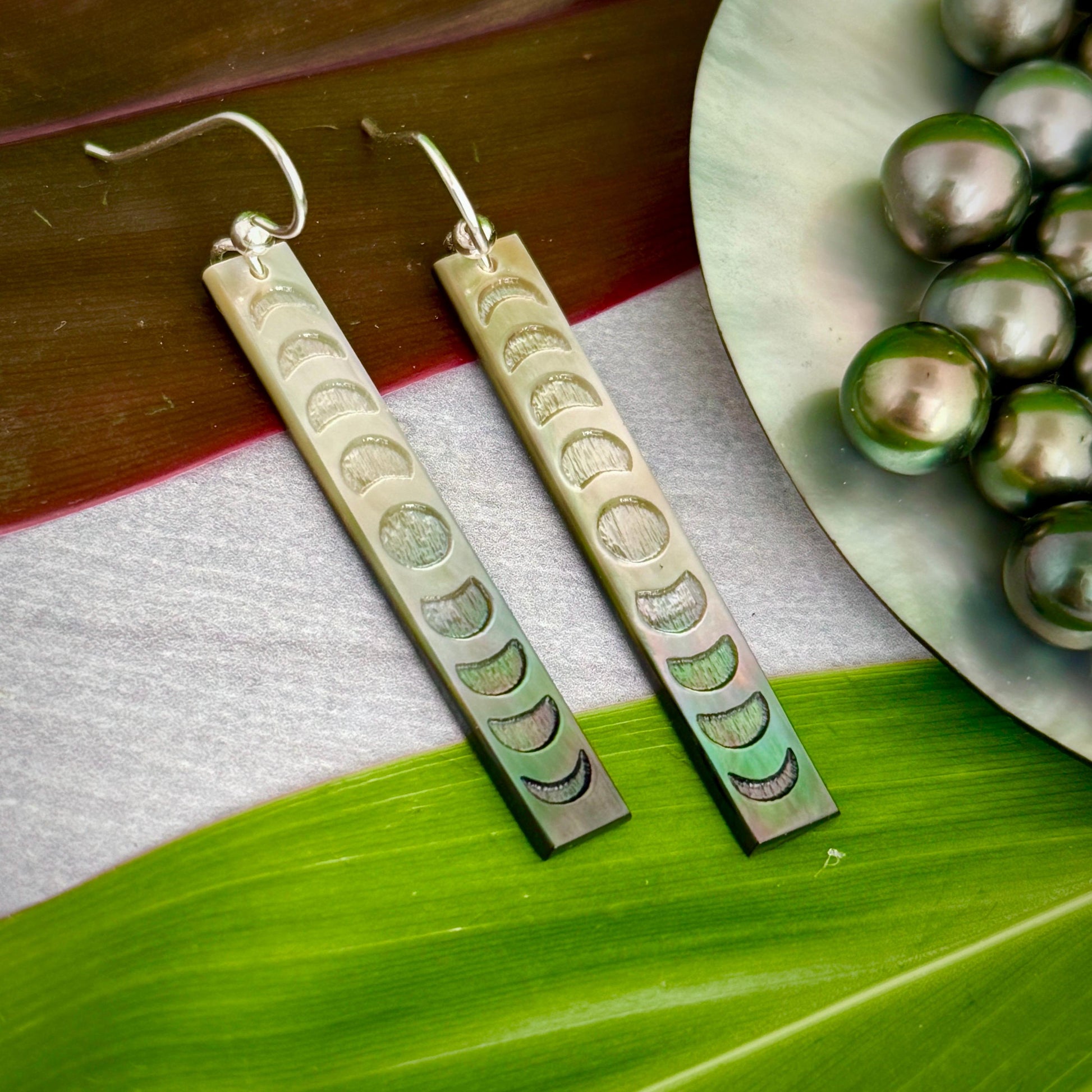 Moon Phase earrings mother of pearl shell • gold filled or Sterling silver • hand carved