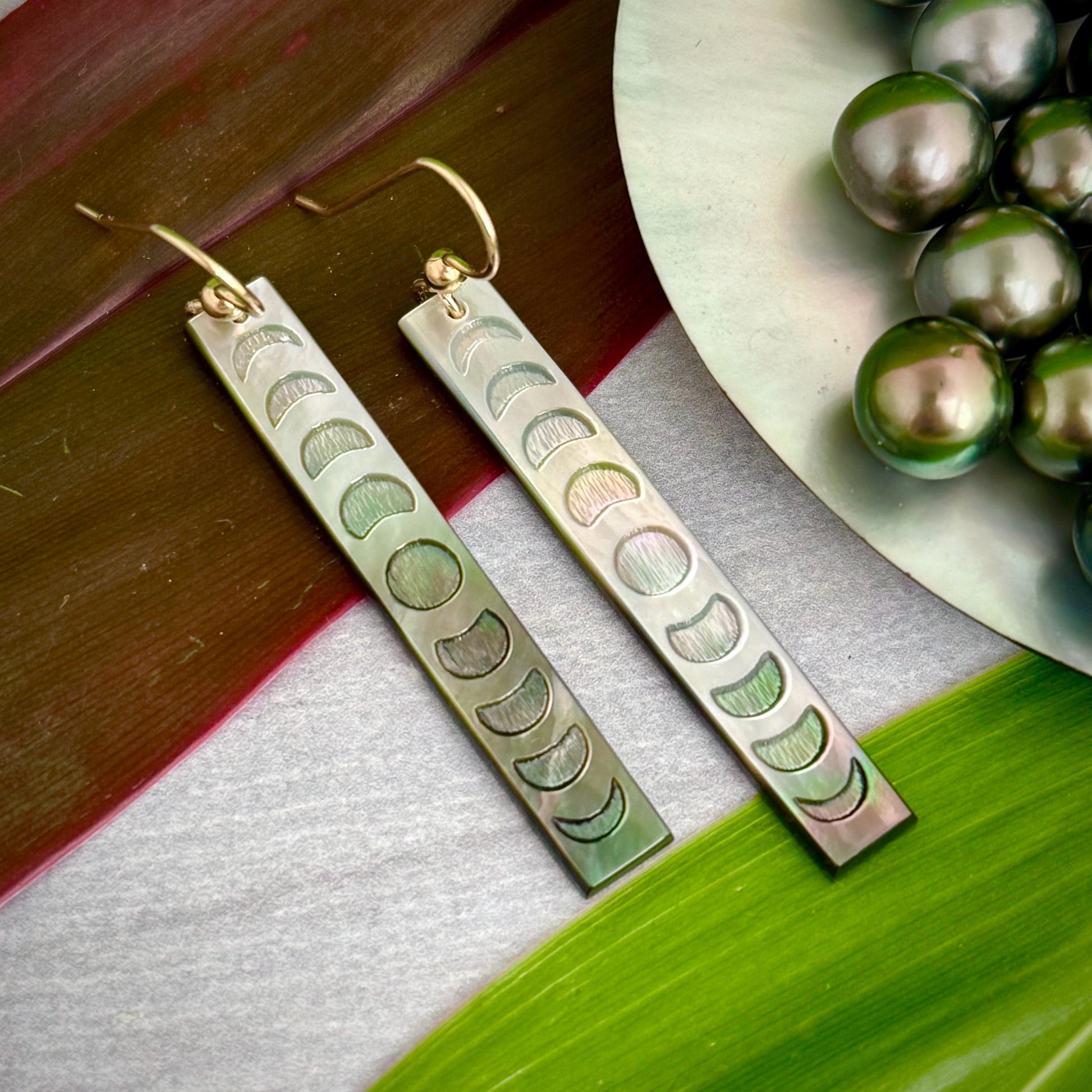 Moon Phase earrings mother of pearl shell • gold filled or Sterling silver • hand carved