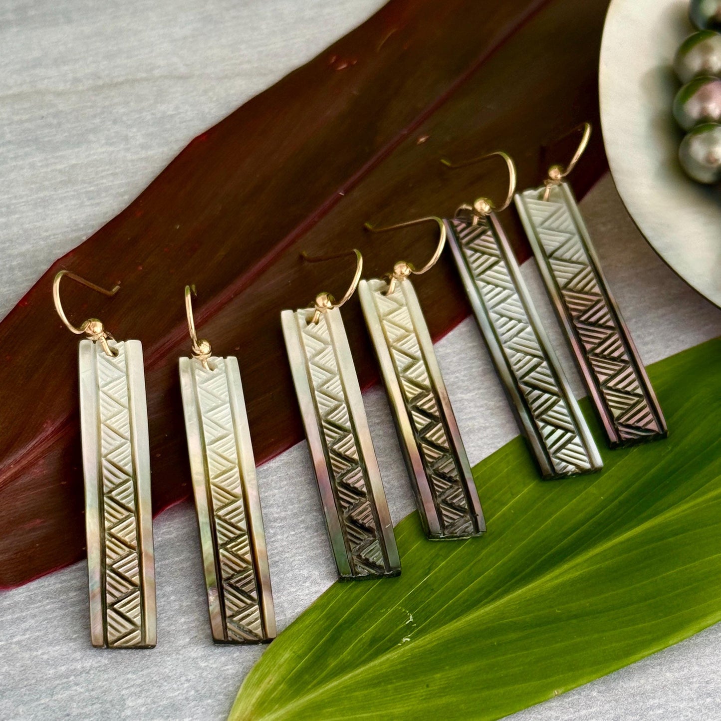 NEW Mother of pearl earrings Made in Hawaii with Traditional Lauhala design with deep Hawaiian meanings handmade ocean jewelry with seashell