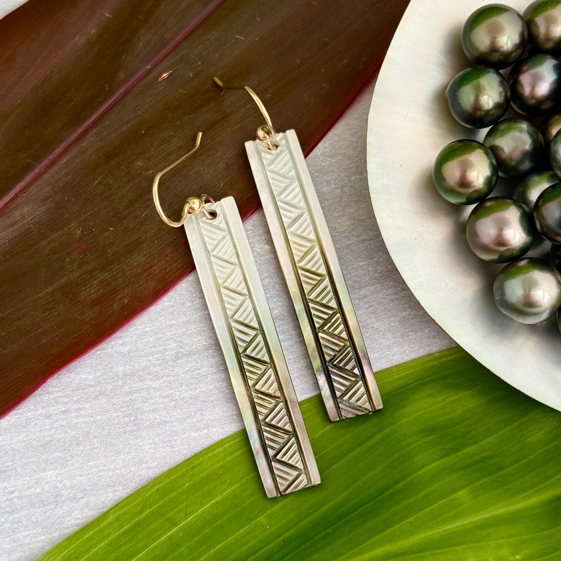 NEW Mother of pearl earrings Made in Hawaii with Traditional Lauhala design with deep Hawaiian meanings handmade ocean jewelry with seashell