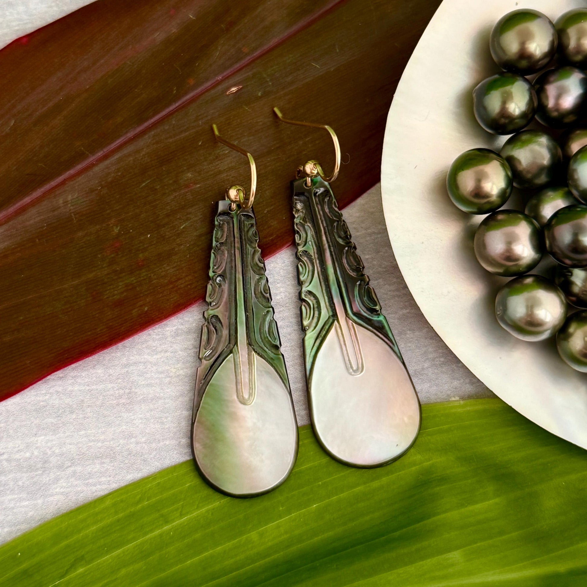 Mother of Pearl shell earrings Gold filled or Sterling silver Hand carved seashell earrings Made in Hawaii Handmade earrings paddle vaka