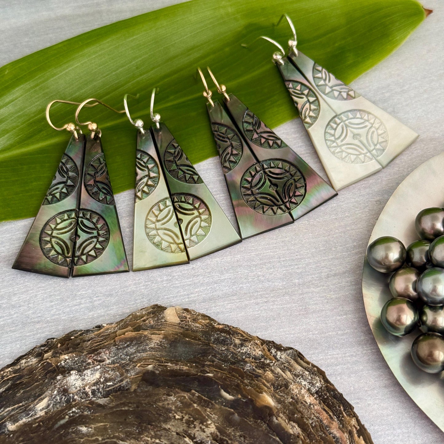 Hand Carved Mother of Pearl Earrings: Polynesian Sun, Gold Filled or Sterling Silver