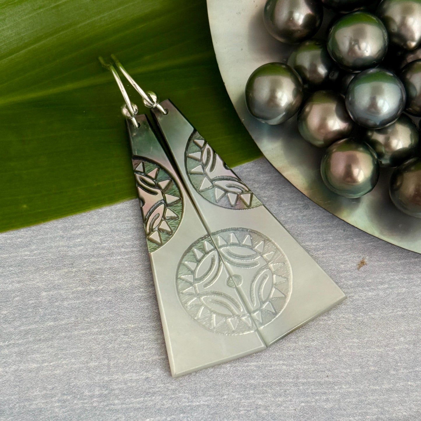Hand Carved Mother of Pearl Earrings: Polynesian Sun, Gold Filled or Sterling Silver
