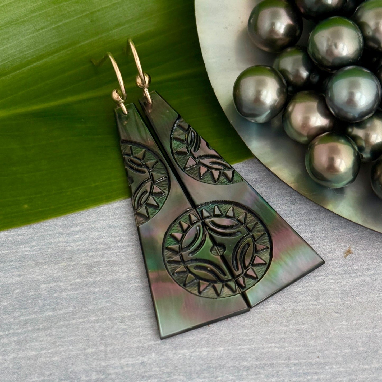 Hand Carved Mother of Pearl Earrings: Polynesian Sun, Gold Filled or Sterling Silver
