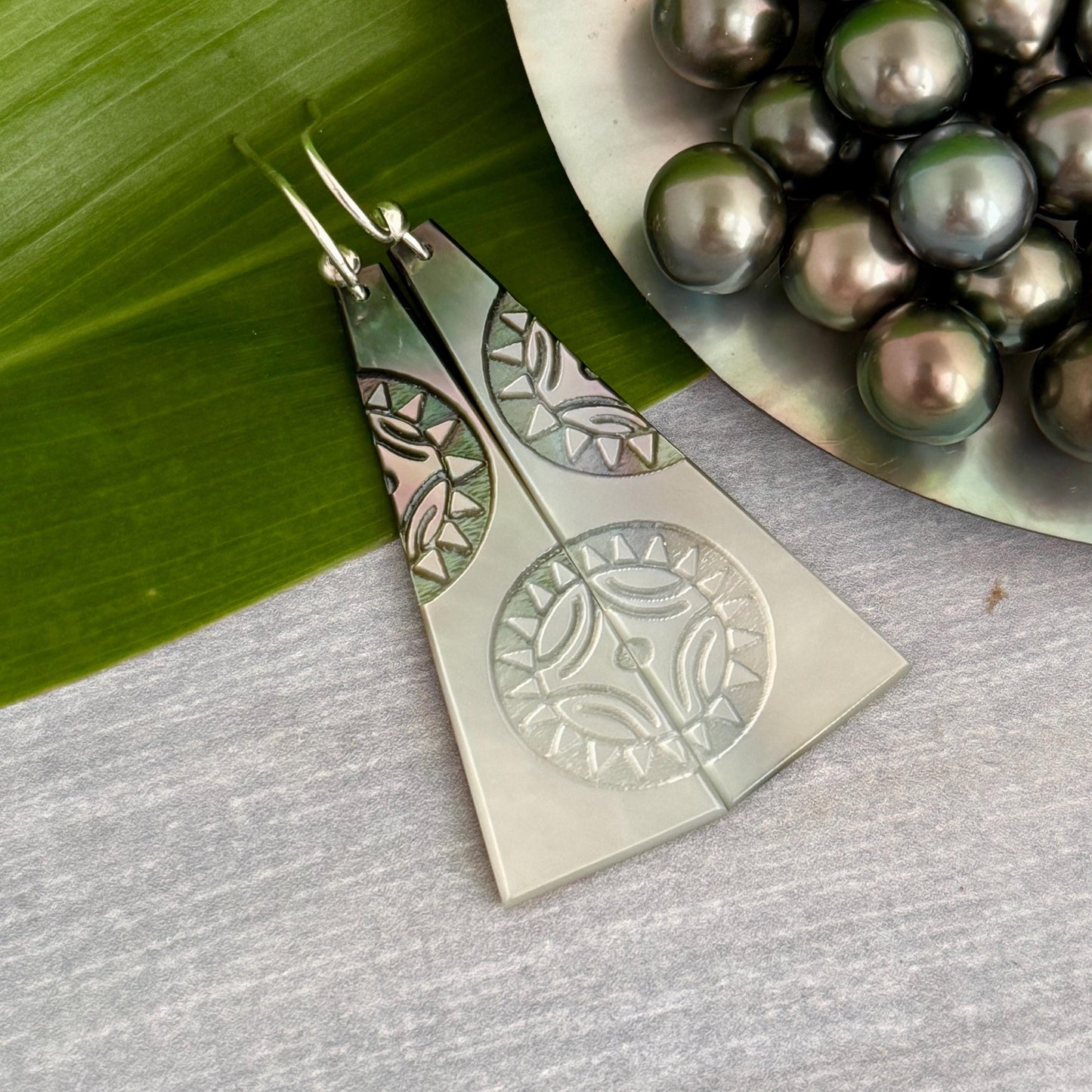 Hand Carved Mother of Pearl Earrings: Polynesian Sun, Gold Filled or Sterling Silver