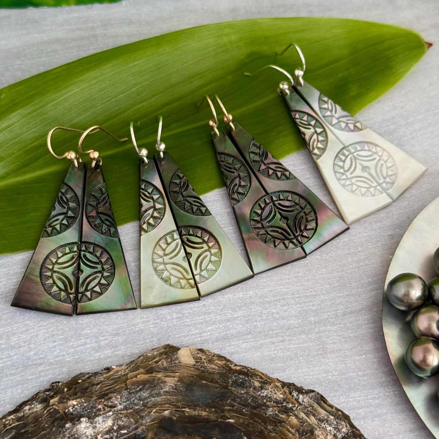 Hand Carved Mother of Pearl Earrings: Polynesian Sun, Gold Filled or Sterling Silver