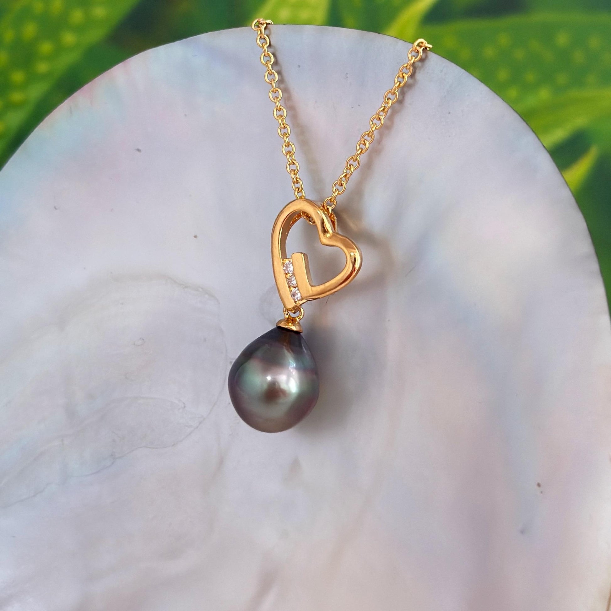 Tahitian Pearl Heart Necklace: Gold plated, CZ Accent pendant