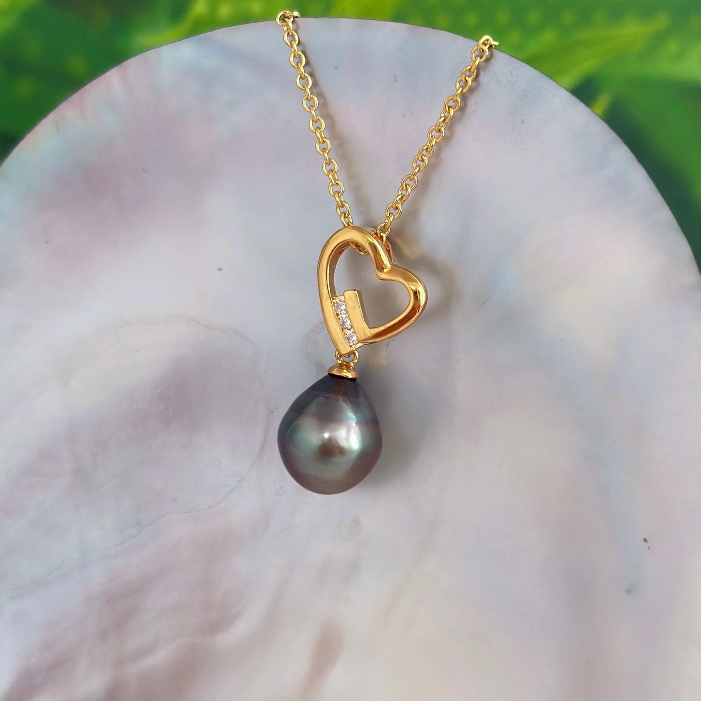 Tahitian Pearl Heart Necklace: Gold plated, CZ Accent pendant