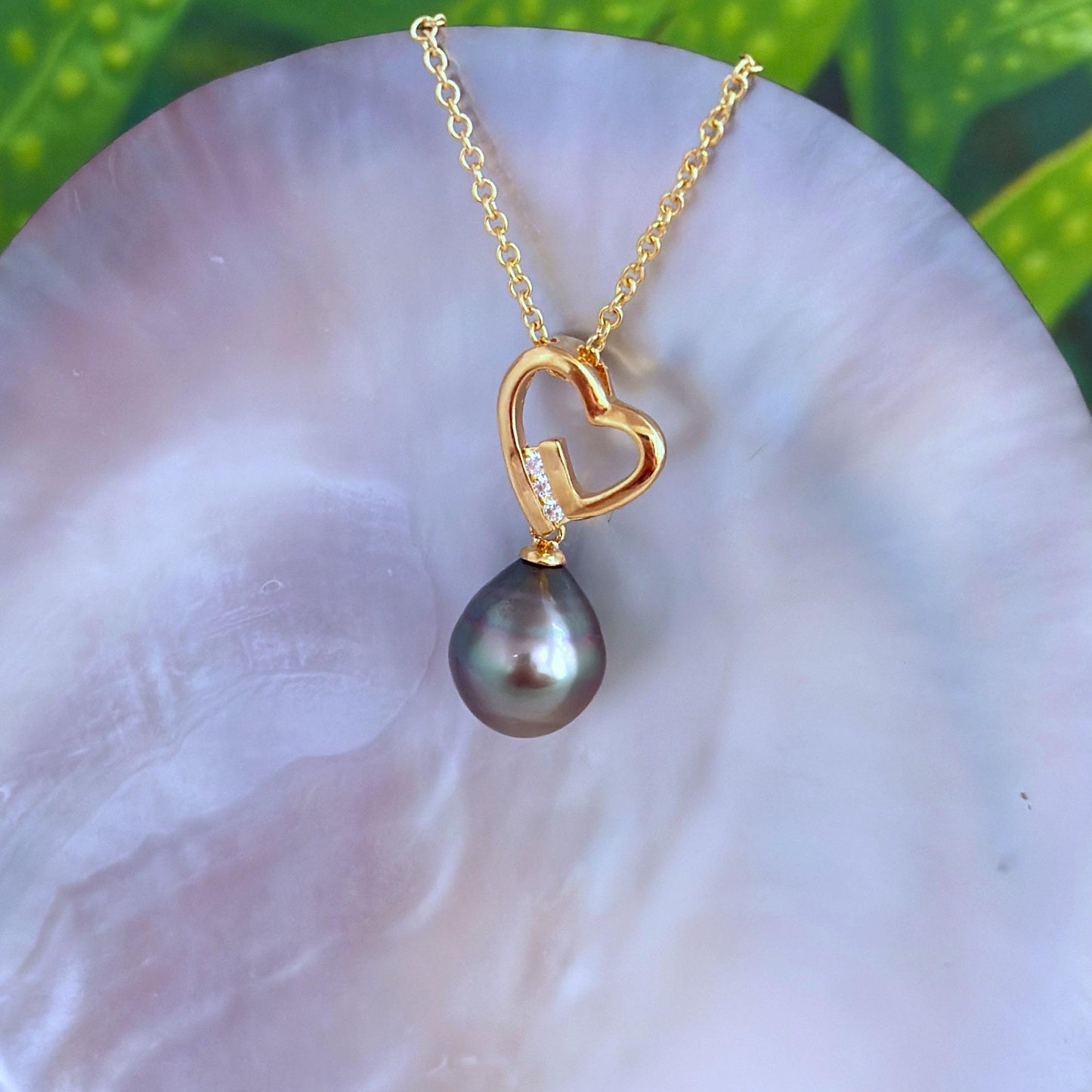 Tahitian Pearl Heart Necklace: Gold plated, CZ Accent pendant
