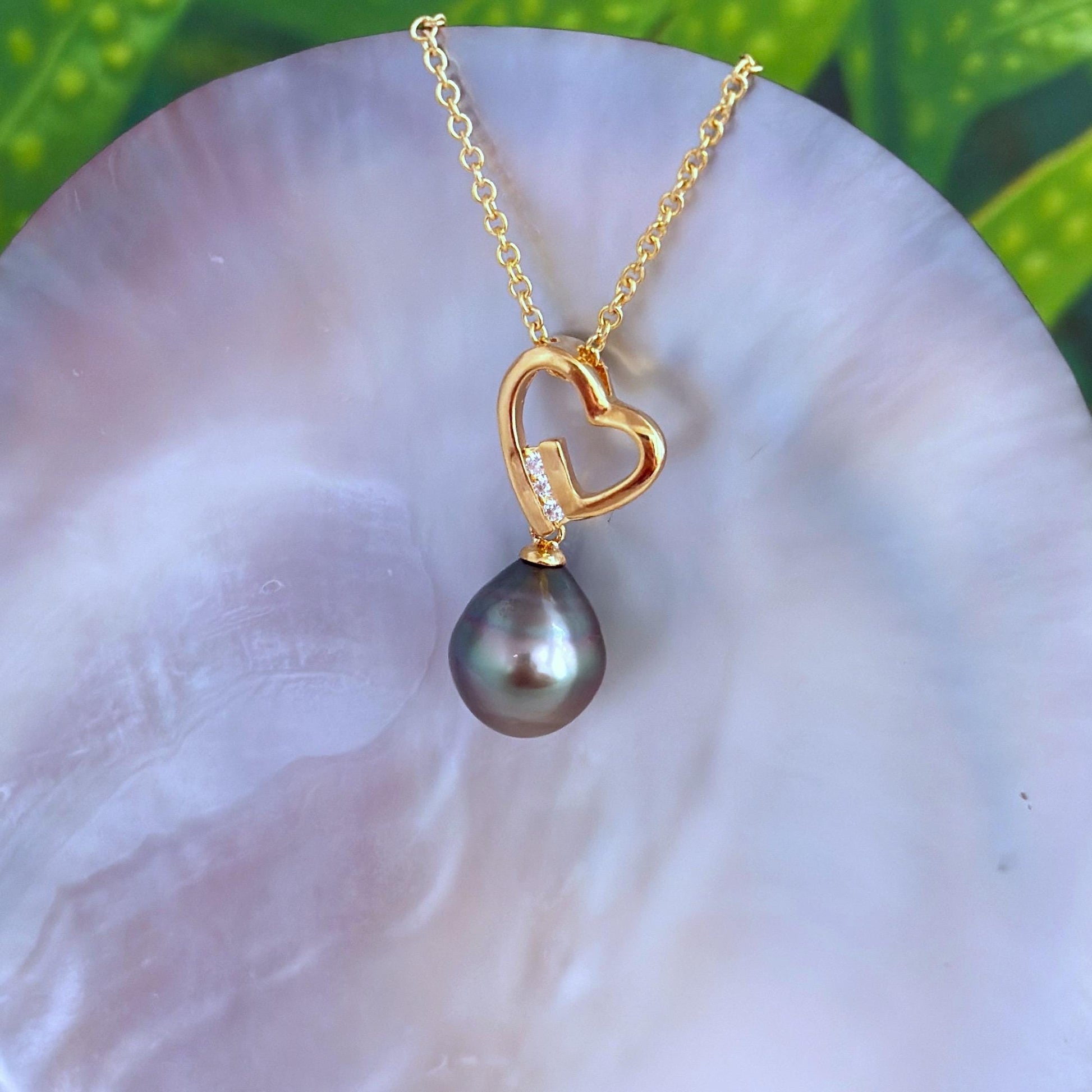 Tahitian Pearl Heart Necklace: Gold plated, CZ Accent pendant