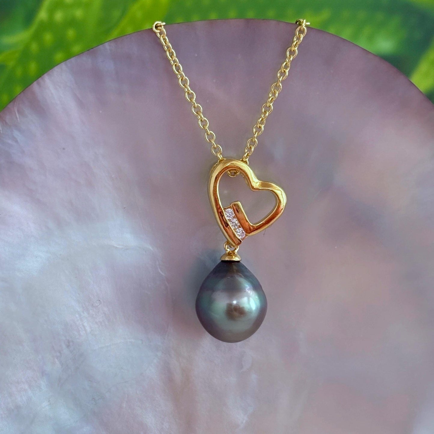Tahitian Pearl Heart Necklace: Gold plated, CZ Accent pendant