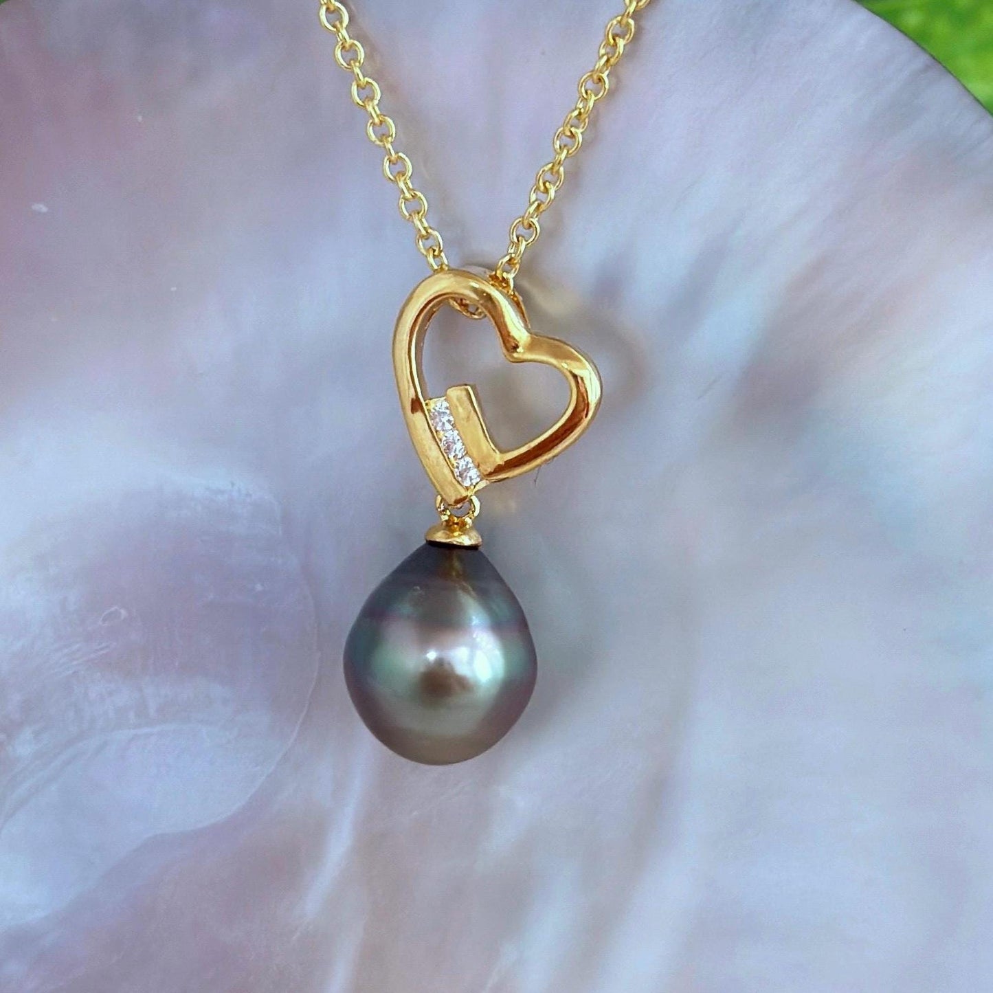 Tahitian Pearl Heart Necklace: Gold plated, CZ Accent pendant
