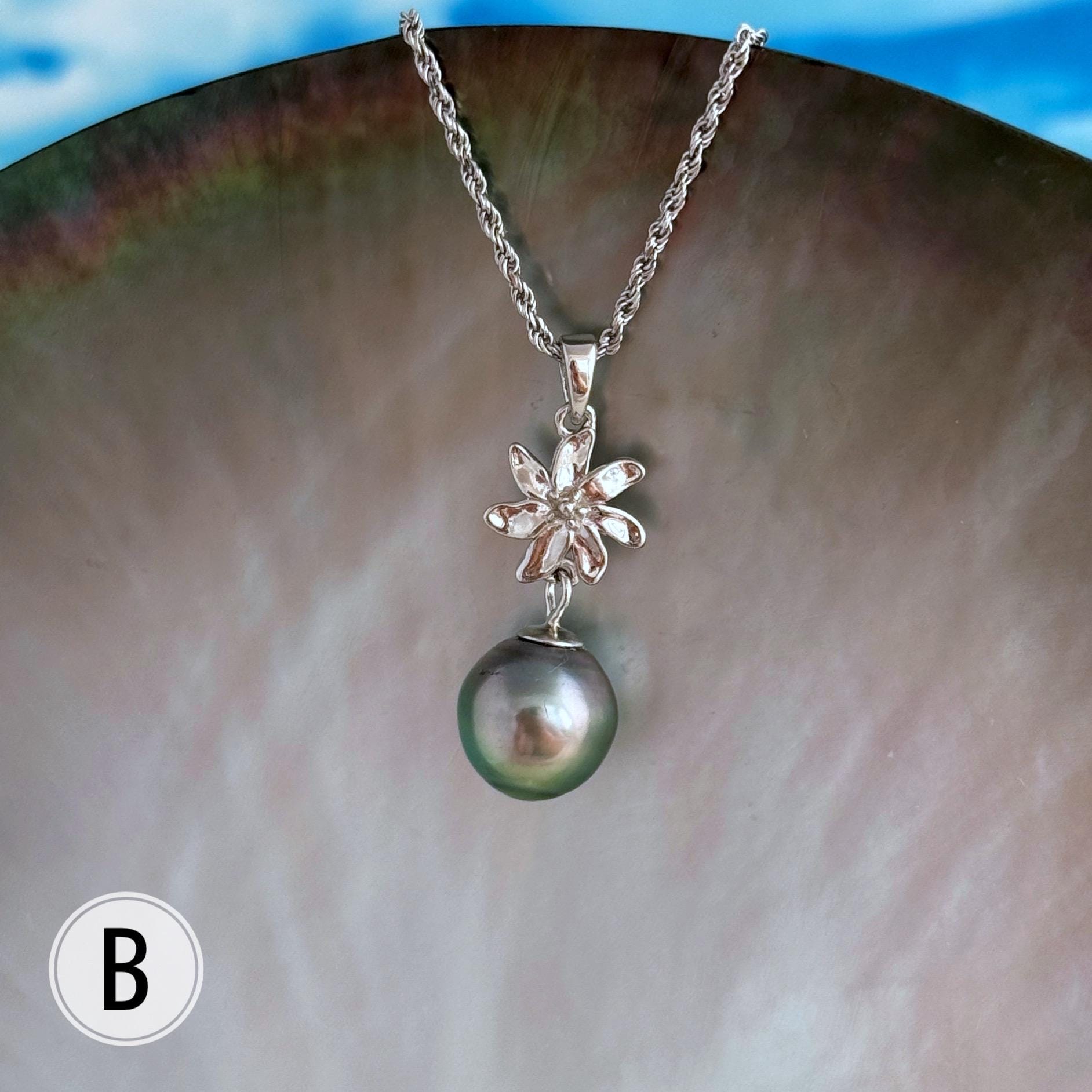 Tahitian Pearl Necklace: Sterling Silver Gardenia Flower Pendant