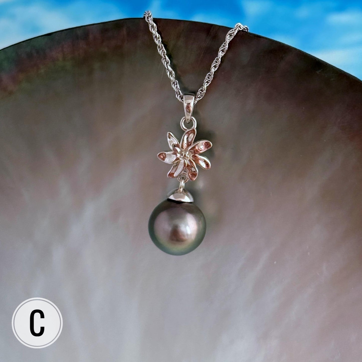 Tahitian Pearl Necklace: Sterling Silver Gardenia Flower Pendant