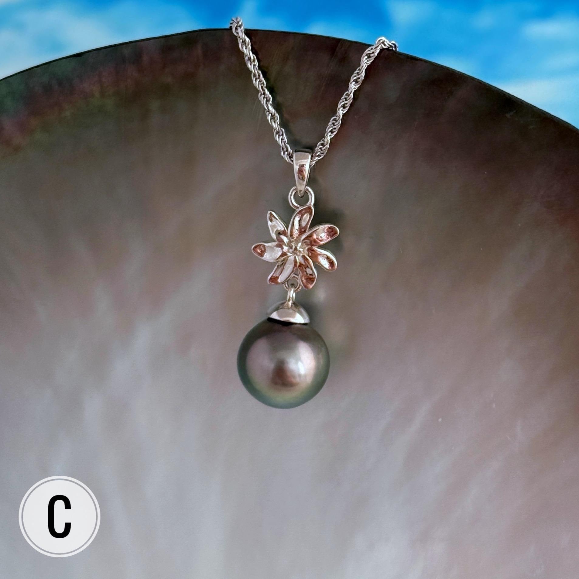 Tahitian Pearl Necklace: Sterling Silver Gardenia Flower Pendant